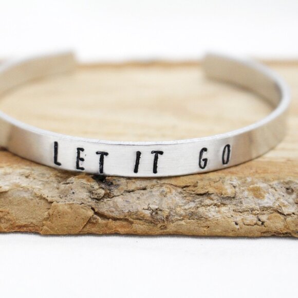 Let It Go - Hand Stamped Anodized Aluminum Bangle - Adjustable - Picture 7 of 11